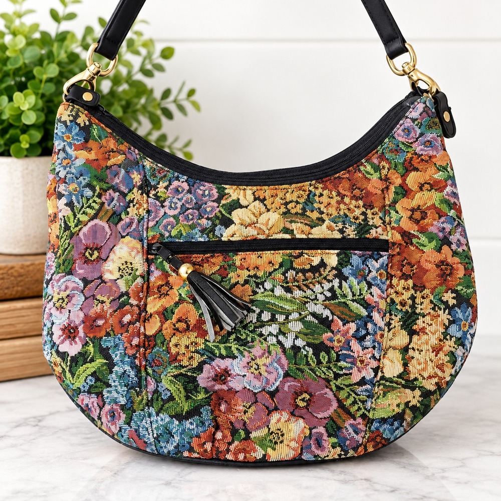 Vintage 90s Mitzi Floral Tapestry Hobo Shoulder Bag Boho Cottagecore Purse